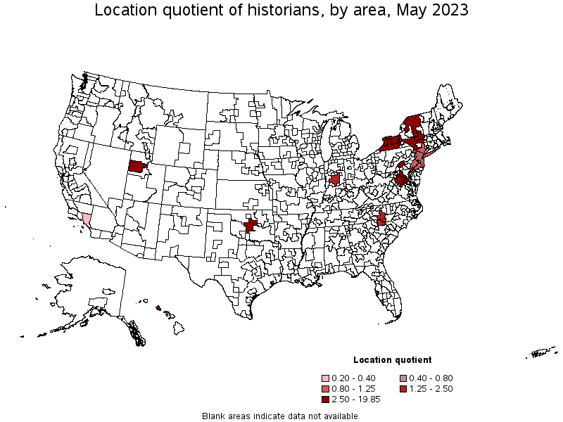 Map of location quotient of historians by area, May 2023