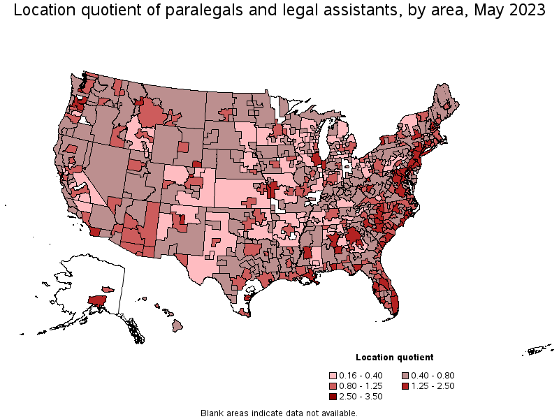 Map of location quotient of paralegals and legal assistants by area, May 2022