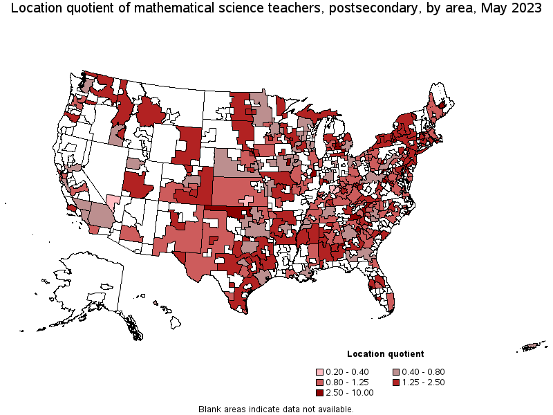 Map of location quotient of mathematical science teachers, postsecondary by area, May 2023