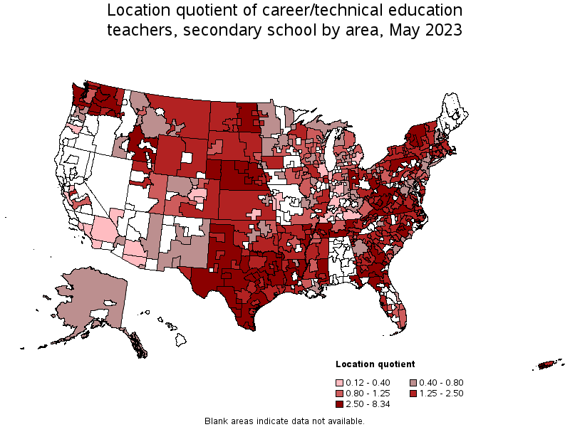 Map of location quotient of career/technical education teachers, secondary school by area, May 2023
