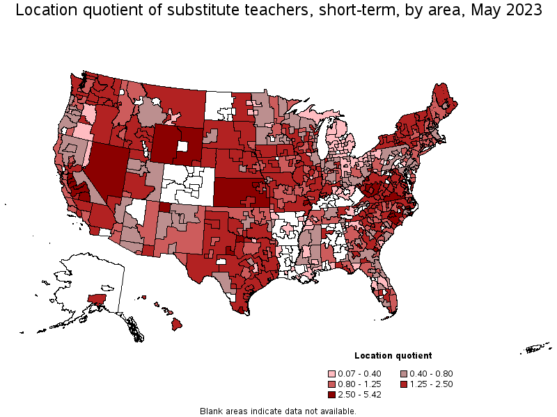 Map of location quotient of substitute teachers, short-term by area, May 2023