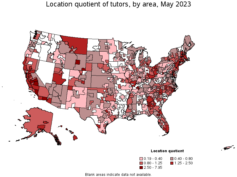 Map of location quotient of tutors by area, May 2022