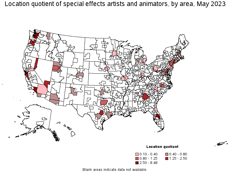 Map of location quotient of special effects artists and animators by area, May 2021