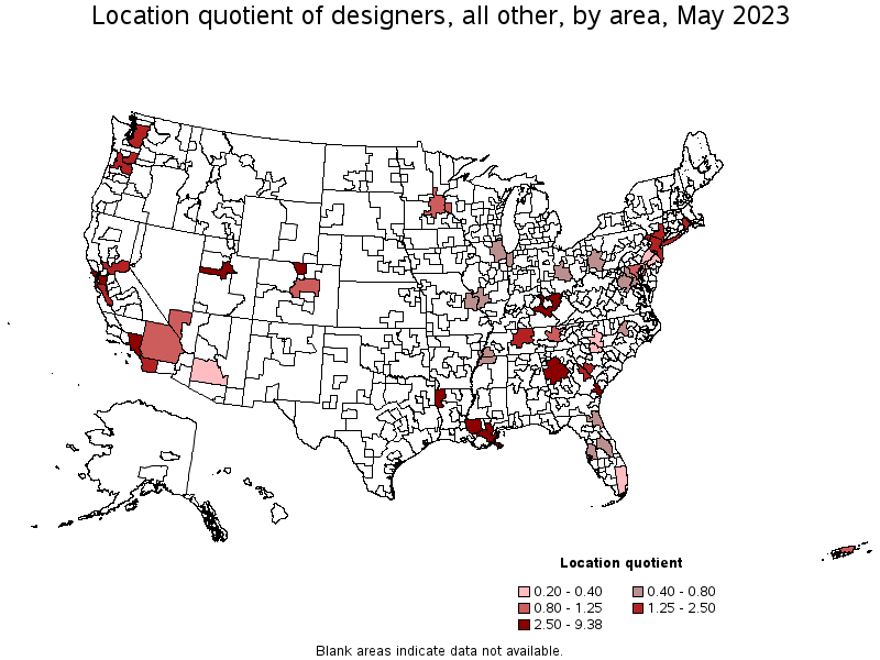 Map of location quotient of designers, all other by area, May 2022
