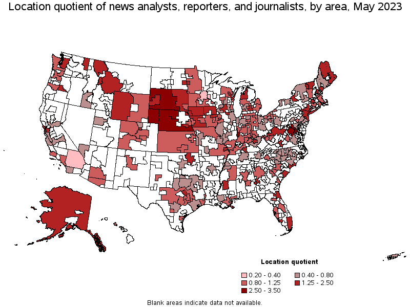 Map of location quotient of news analysts, reporters, and journalists by area, May 2023