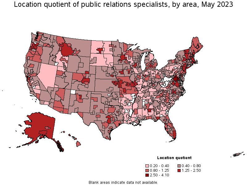 Map of location quotient of public relations specialists by area, May 2021