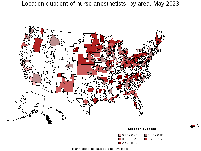 Map of location quotient of nurse anesthetists by area, May 2022