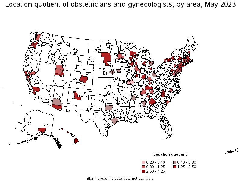 Map of location quotient of obstetricians and gynecologists by area, May 2023