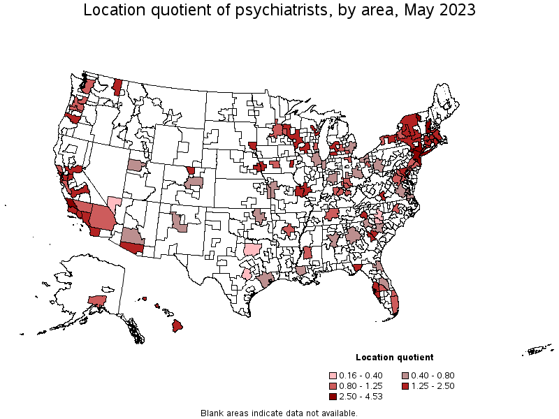 Map of location quotient of psychiatrists by area, May 2023