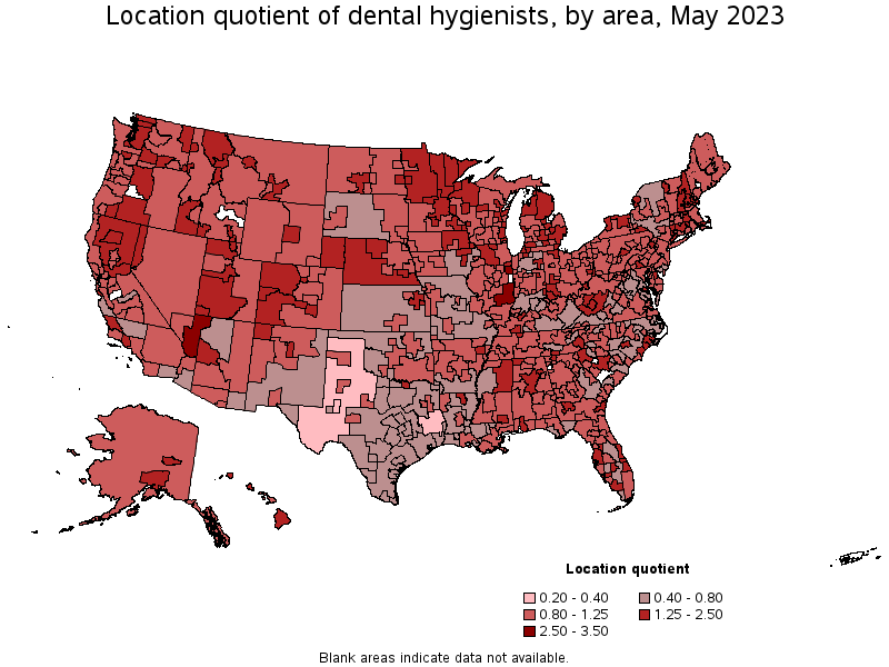 Map of location quotient of dental hygienists by area, May 2023
