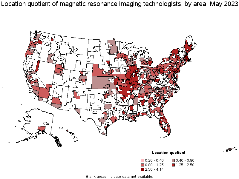 Map of location quotient of magnetic resonance imaging technologists by area, May 2023