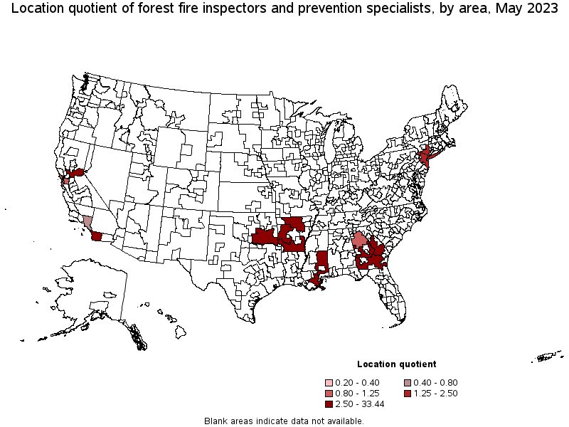 Map of location quotient of forest fire inspectors and prevention specialists by area, May 2023