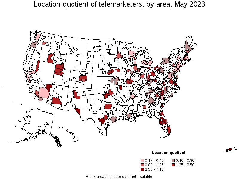Map of location quotient of telemarketers by area, May 2023