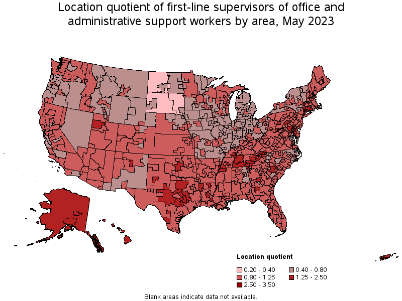 Map of location quotient of first-line supervisors of office and administrative support workers by area, May 2023