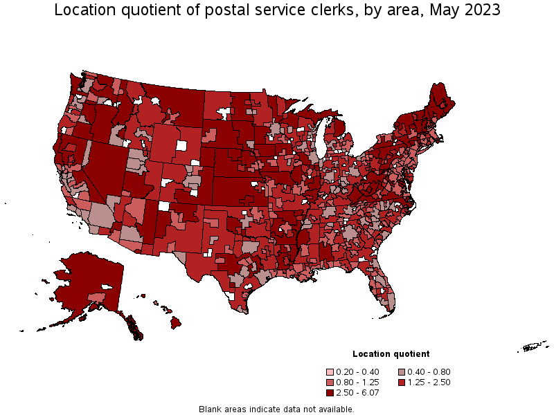 Map of location quotient of postal service clerks by area, May 2021