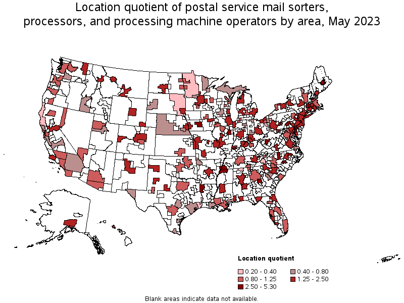 Map of location quotient of postal service mail sorters, processors, and processing machine operators by area, May 2023