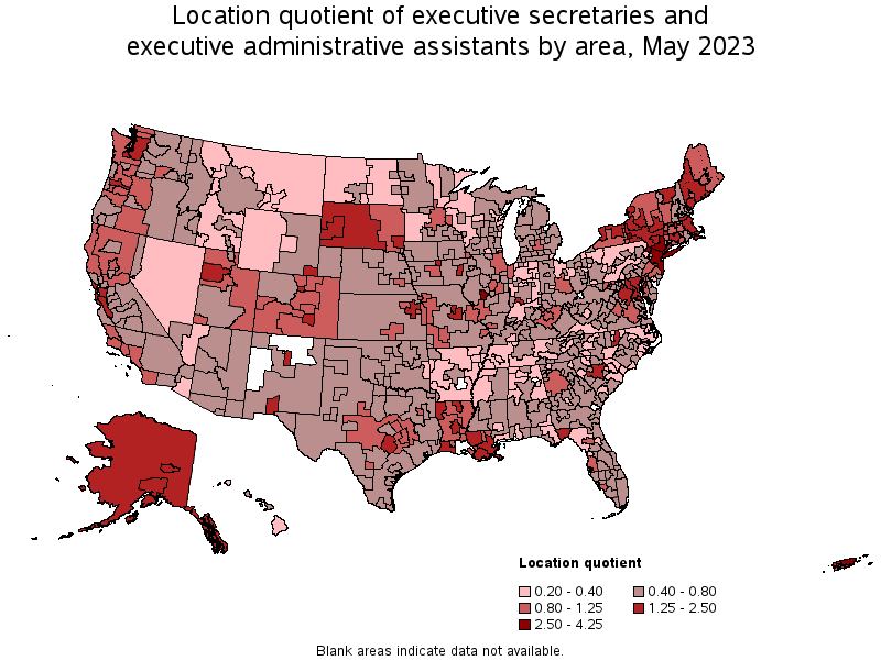 Map of location quotient of executive secretaries and executive administrative assistants by area, May 2022