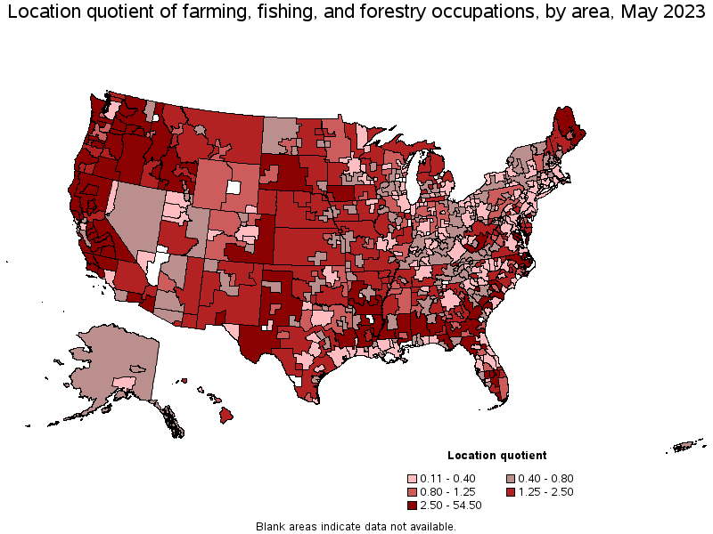 Map of location quotient of farming, fishing, and forestry occupations by area, May 2021