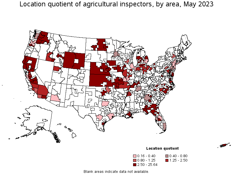 Map of location quotient of agricultural inspectors by area, May 2021