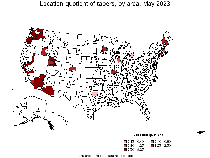 Map of location quotient of tapers by area, May 2023