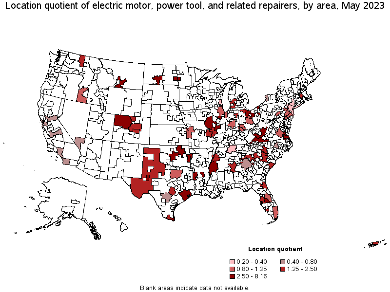 Map of location quotient of electric motor, power tool, and related repairers by area, May 2023