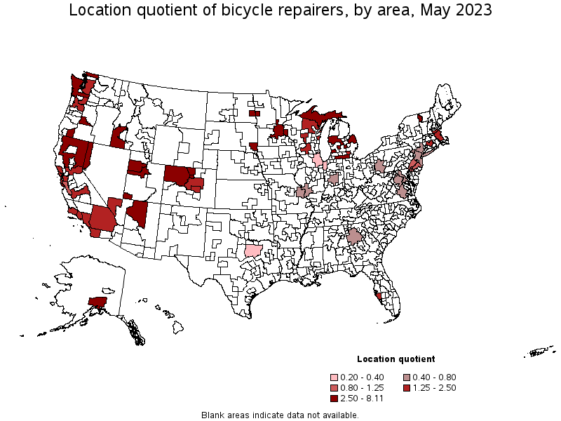 Map of location quotient of bicycle repairers by area, May 2023