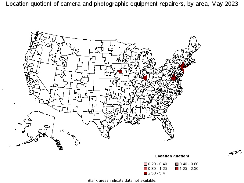 Map of location quotient of camera and photographic equipment repairers by area, May 2023