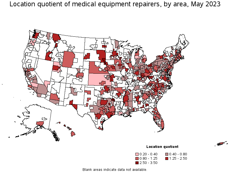 Map of location quotient of medical equipment repairers by area, May 2021