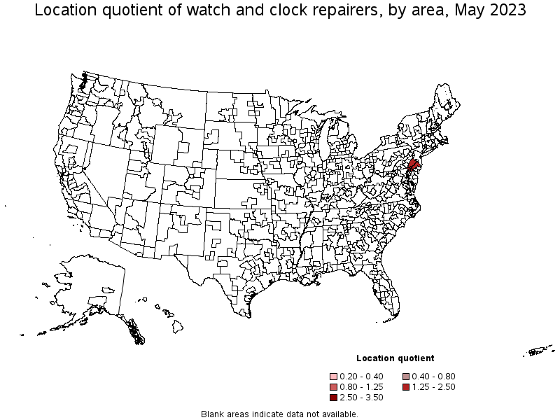 Map of location quotient of watch and clock repairers by area, May 2022