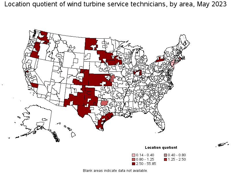 Map of location quotient of wind turbine service technicians by area, May 2023