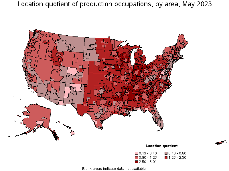 Map of location quotient of production occupations by area, May 2022