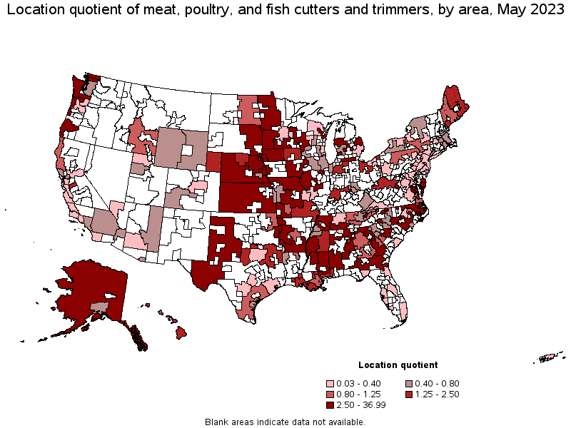 Map of location quotient of meat, poultry, and fish cutters and trimmers by area, May 2021