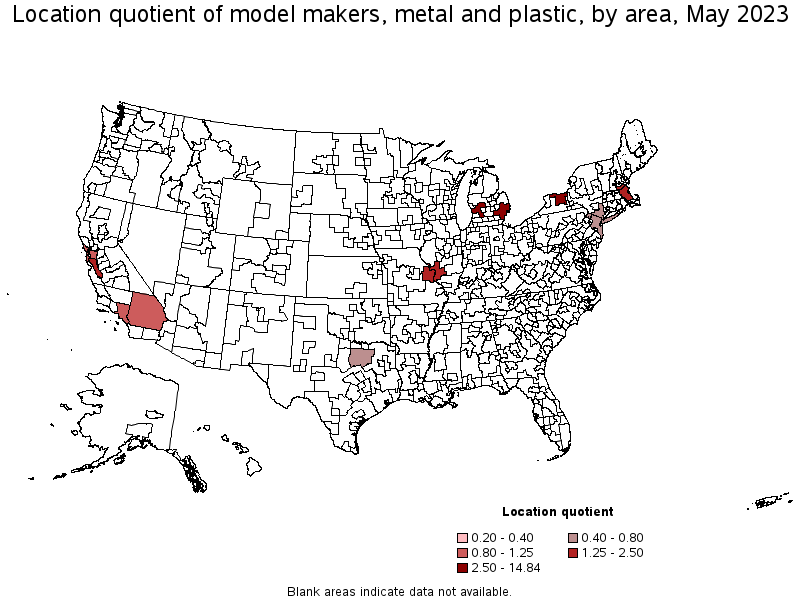 Map of location quotient of model makers, metal and plastic by area, May 2023