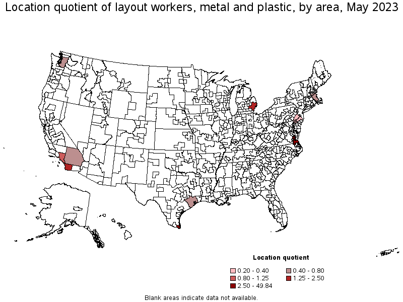 Map of location quotient of layout workers, metal and plastic by area, May 2023