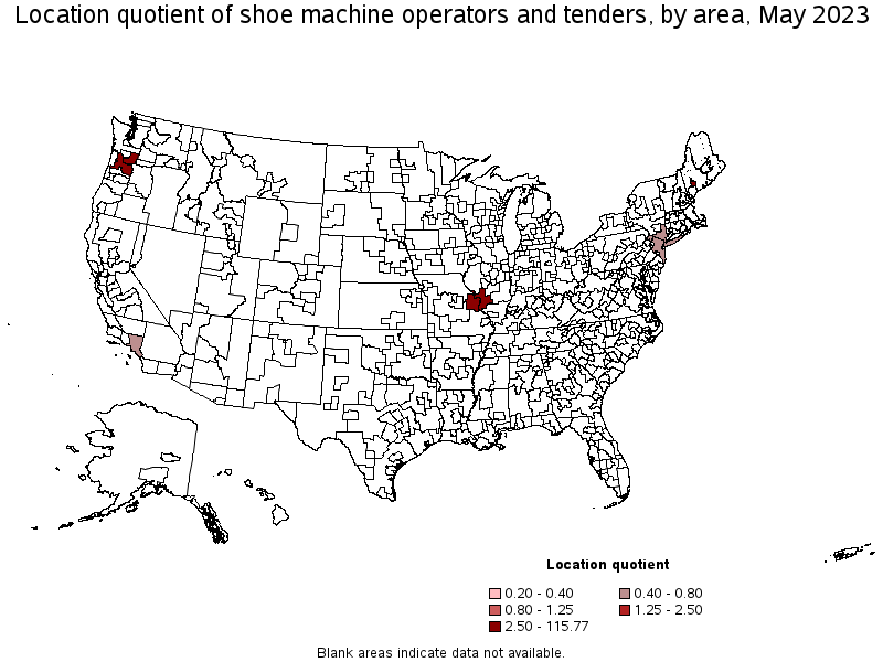 Map of location quotient of shoe machine operators and tenders by area, May 2023