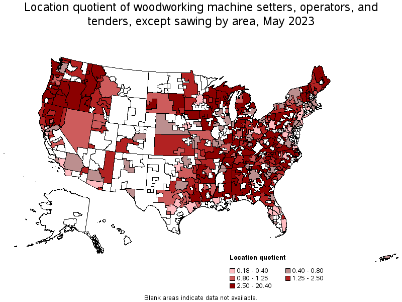 Map of location quotient of woodworking machine setters, operators, and tenders, except sawing by area, May 2021
