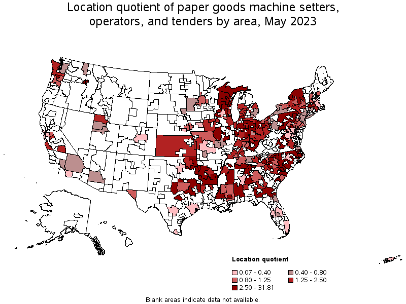 Map of location quotient of paper goods machine setters, operators, and tenders by area, May 2022