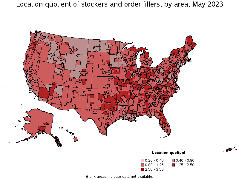 Map of location quotient of stockers and order fillers by area, May 2023