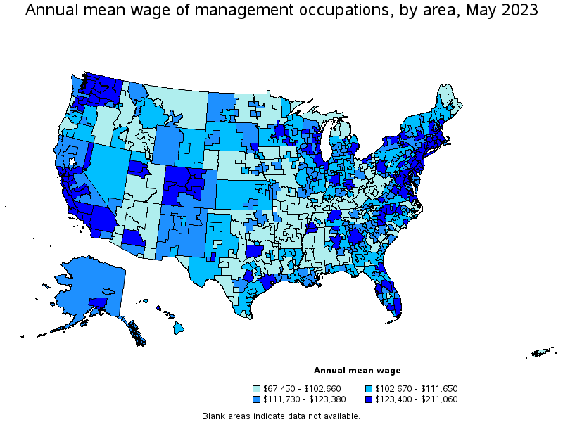 Map of annual mean wages of management occupations by area, May 2023