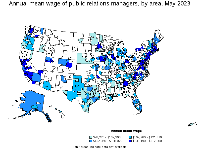Map of annual mean wages of public relations managers by area, May 2022