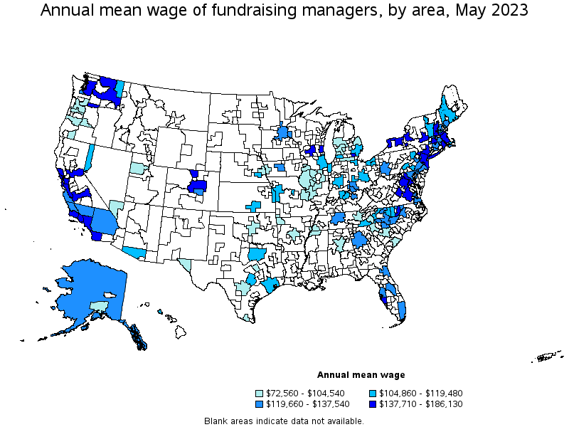 Map of annual mean wages of fundraising managers by area, May 2021