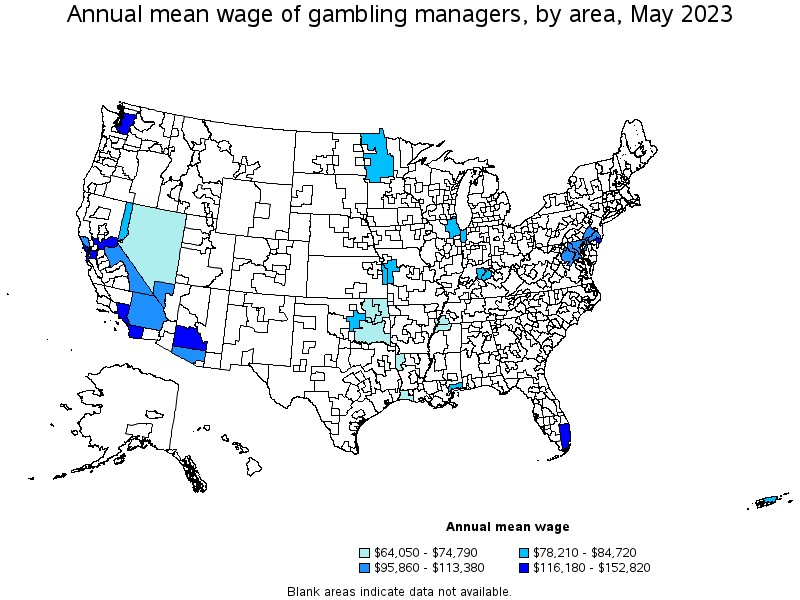 Map of annual mean wages of gambling managers by area, May 2023