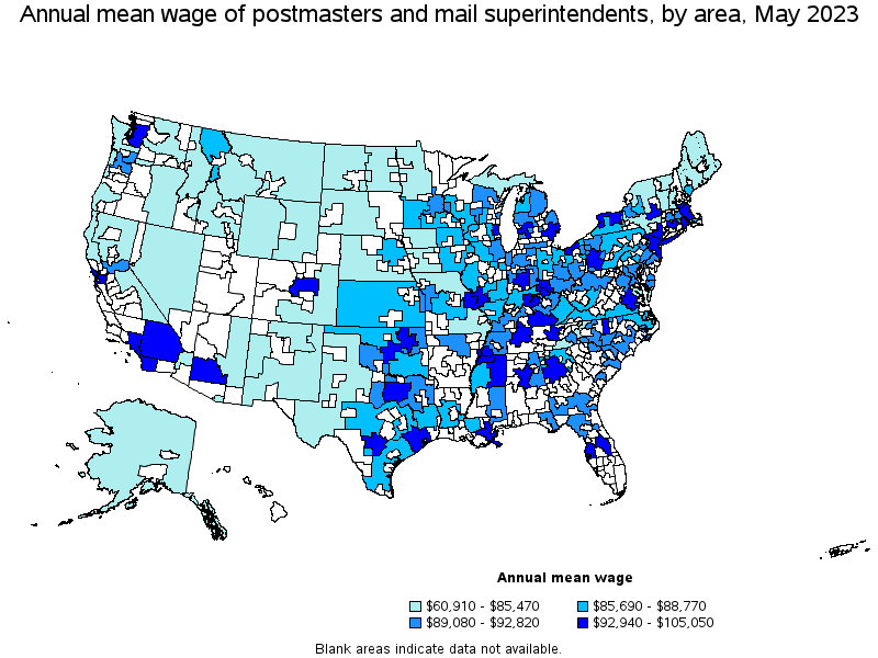 Map of annual mean wages of postmasters and mail superintendents by area, May 2023