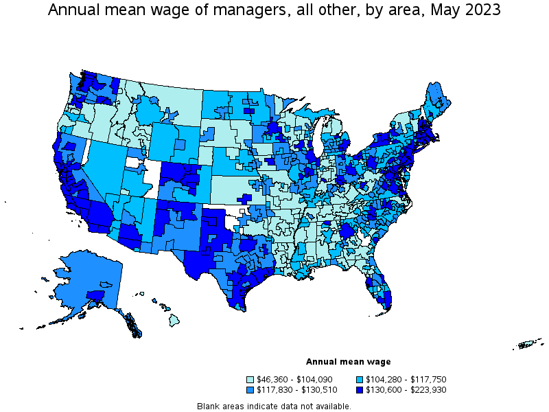 Map of annual mean wages of managers, all other by area, May 2023