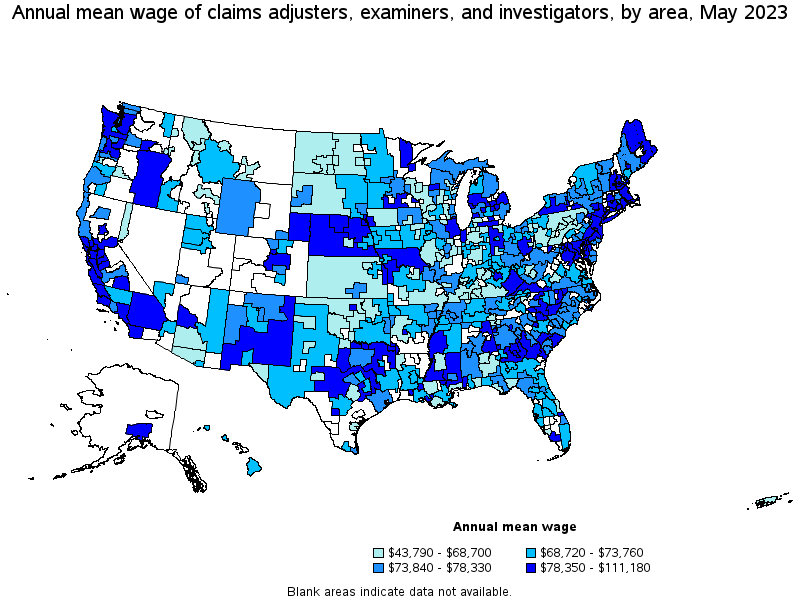 Map of annual mean wages of claims adjusters, examiners, and investigators by area, May 2023
