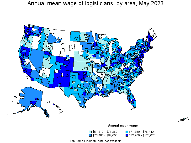 Map of annual mean wages of logisticians by area, May 2023