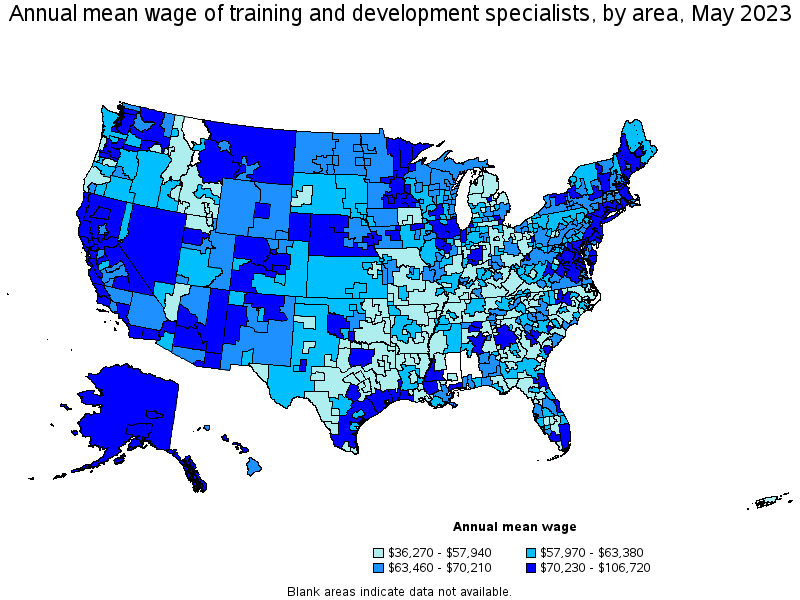 Map of annual mean wages of training and development specialists by area, May 2023