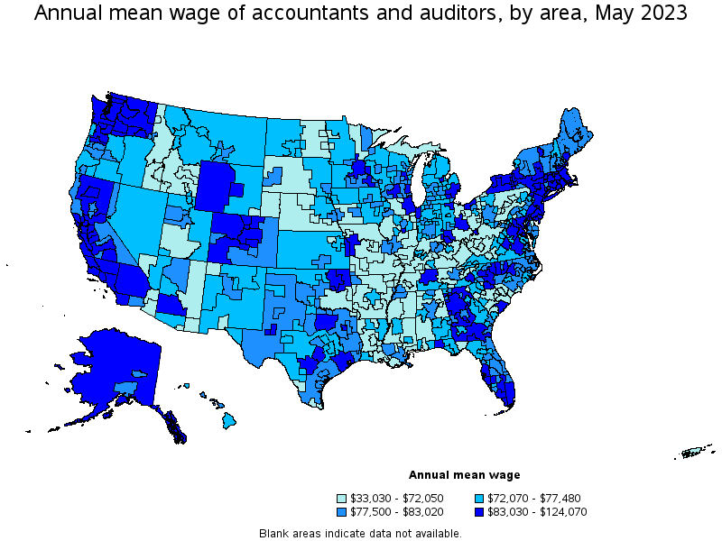 Map of annual mean wages of accountants and auditors by area, May 2023