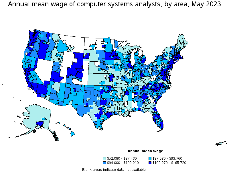 Map of annual mean wages of computer systems analysts by area, May 2023