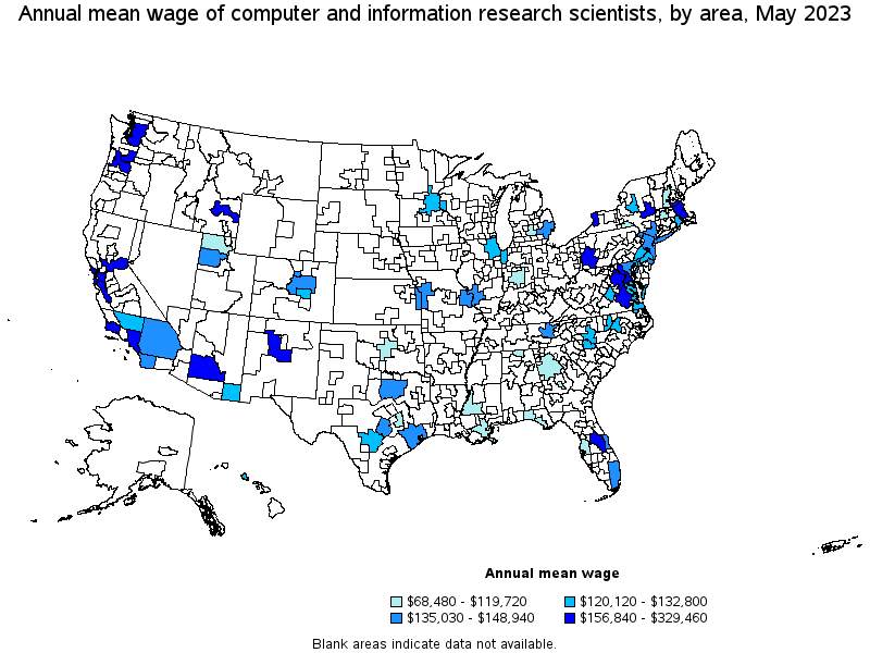 Map of annual mean wages of computer and information research scientists by area, May 2021